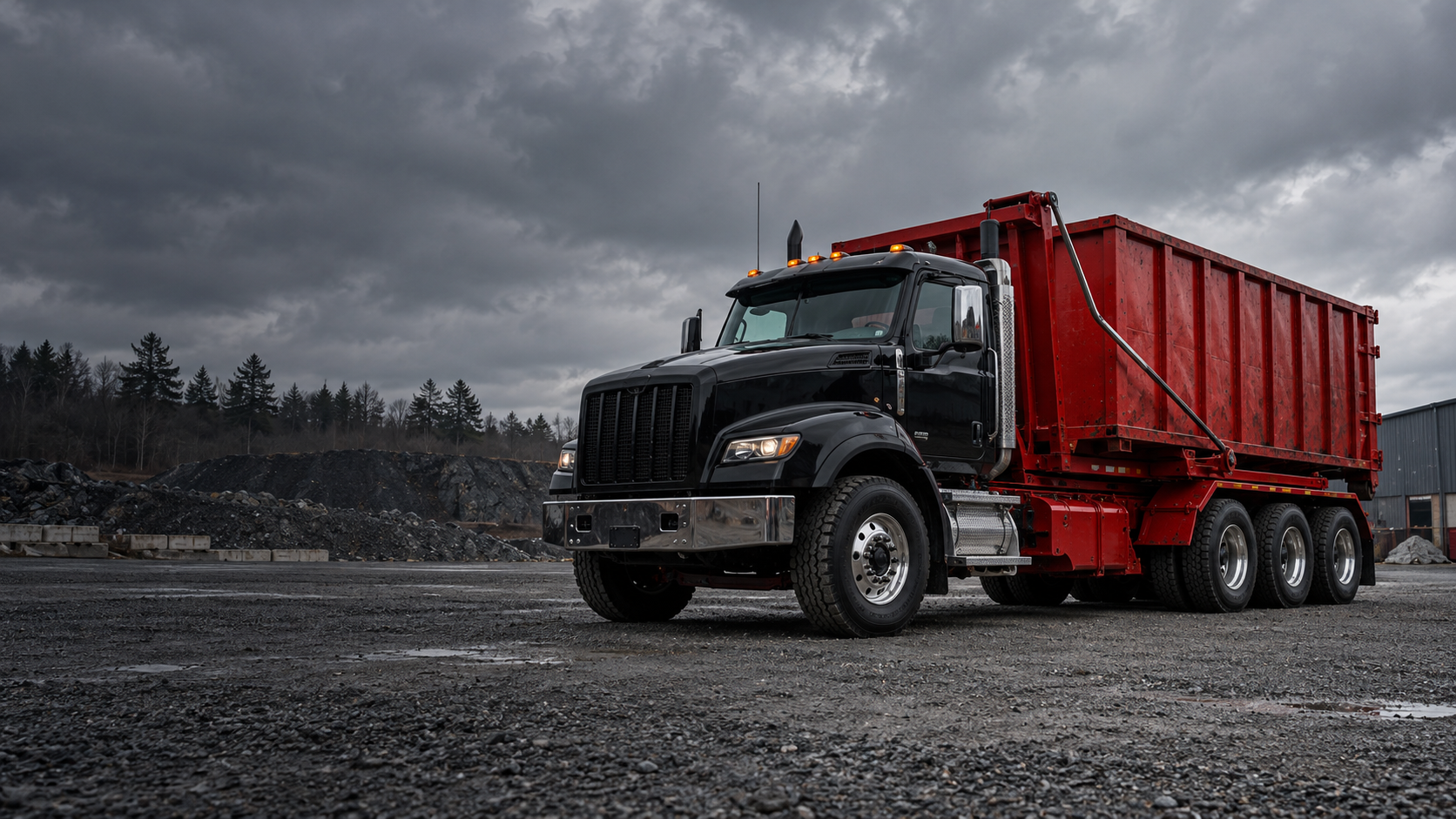 Black roll-off truck and red dumpster in an industrial yard
